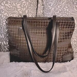 Mila Schon Brown Leather Nylon Houndstooth Laptop Carryon Tote Bag Purse